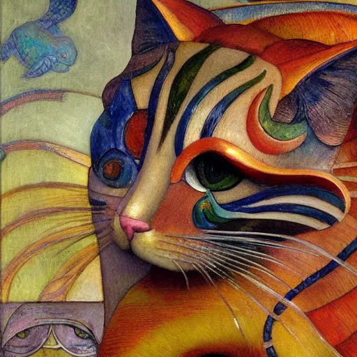 Image similar to masterpiece painting of a mechanical cloisonne cat head sculpture, by annie swynnerton and diego rivera and janet fish and nicholas roerich and jean delville, symbolist, dramatic lighting, god rays, art brut, rich colors, smooth, sharp focus, extremely detailed, adolf wolfli and ( donato giancola and bilibin )