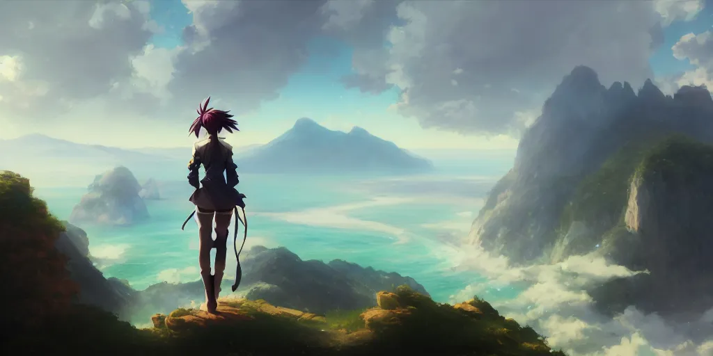 Image similar to anime character standing on a cliff watching the landscape, extremely detailed digital painting, in the style of fenghua zhong and ruan jia and jeremy lipking and peter mohrbacher, mystical colors, rim light, beautiful lighting, 8 k, stunning scene, raytracing, octane, trending on artstation