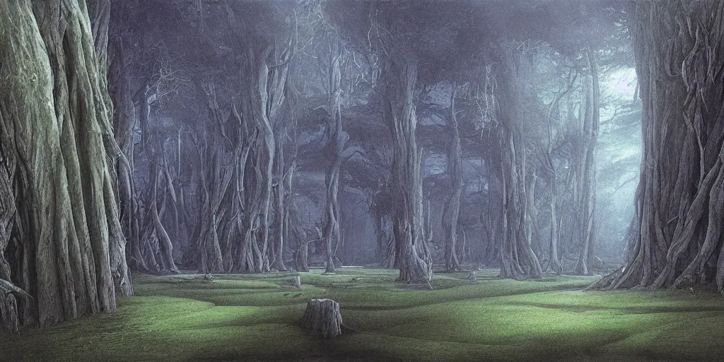 Prompt: Artwork by John Howe of The cinematic view of The Forest of Lost Twilight, a Forest, within which can be found an epitomic manor.