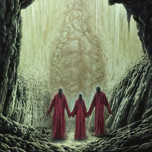 Prompt: painting of a creepy family wearing long robes, intercrossed humans, mixed animal, in a crystal cave, by giger, zdzislaw beksinski, thierry bosch, cold hue's, amazing colorful background, digital art, concept art, animal painting, beautiful composition 3 - d 4 k,