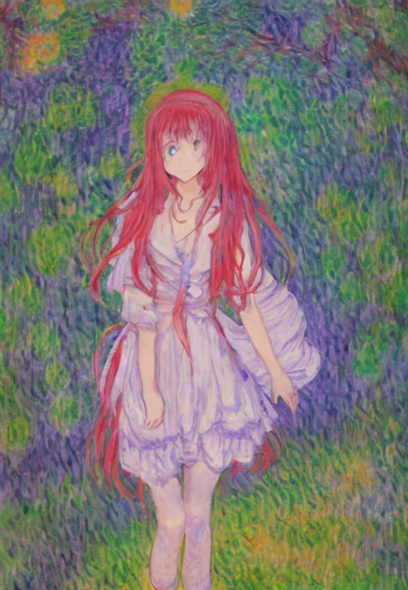 Image similar to wide angle painting of a teenage girl, a thrifty outfit, somewhat of an anime in impressionist style, fantasy forest background, trending artwork, illustrated in anime painter studio, by claude monet and an anime artist, collaboration