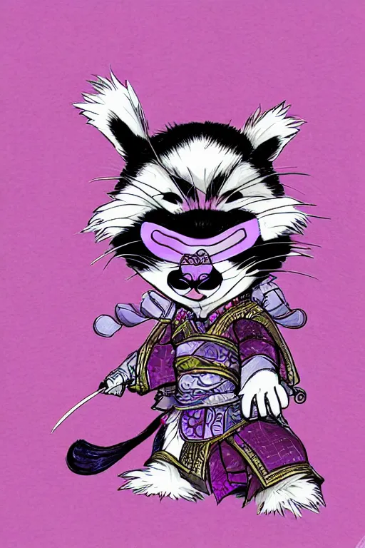 Image similar to purple samurai raccoon in the style of Yoshitaka Amano