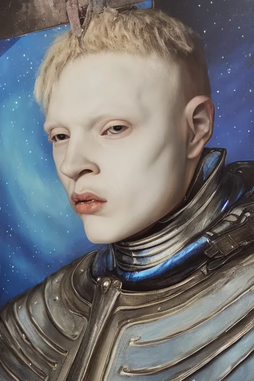 Image similar to hyperrealism oil painting, close - up portrait of albino medieval fashion model, knight, steel gradient mixed with nebula sky, in style of baroque