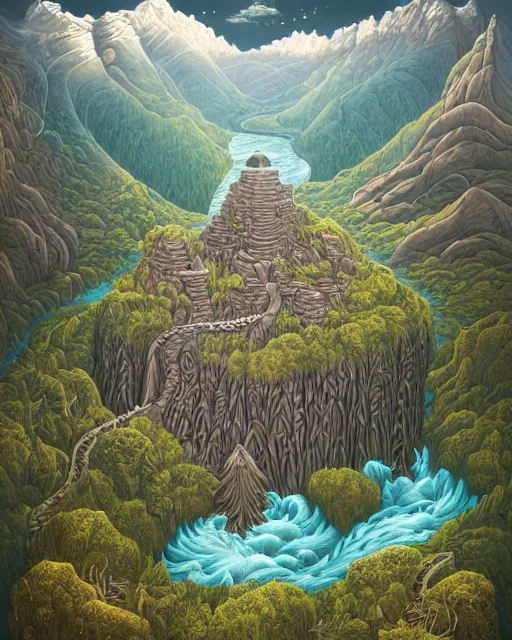 Image similar to mountaintop river flat illustration by jacek yerka trending on artstation