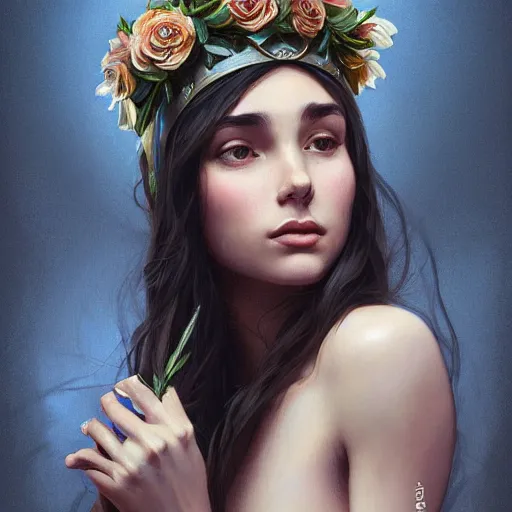 Prompt: Portrait of young woman wearing a floral crown, olive skin, beautiful bone structure, dark blue background , intricate, elegant, highly detailed, digital painting, artstation, concept art, smooth, sharp focus, illustration, art by artgerm and greg rutkowski and alphonse mucha