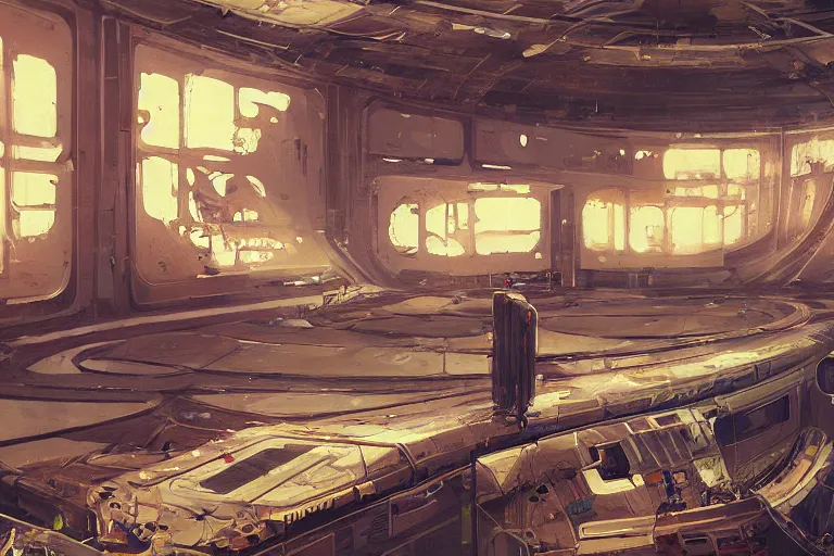 Image similar to A beautiful painting of inside in abandoned rusty space station from kindzadza, Trending on artstation.