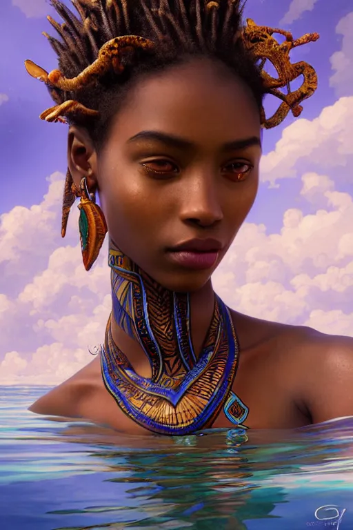 Image similar to underwater photography full body portrait of beautiful nubian ancestral tribal tattooed young hunter pincess, swimming underwater low angle realistic 4 k high quality photography by terry o'neill intricate, elegant, highly detailed, digital painting, artstation, concept art, smooth, sharp focus, illustration, art by artgerm and greg rutkowski and alphonse mucha, 8 k