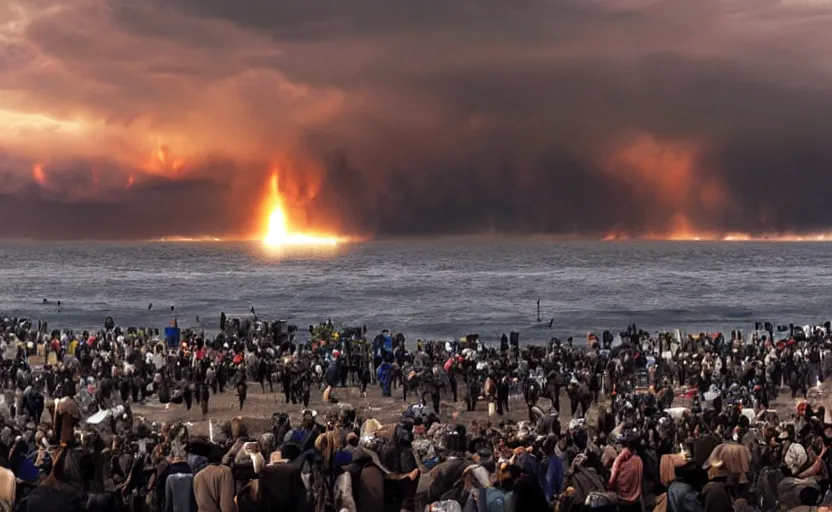 Image similar to sunny day ocean big explosion on the horizon and crowd watching war apocalyptic photorealistic