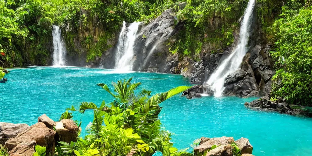 Prompt: of a tropical island with a majestic waterfall flowing into a clear pool of water.