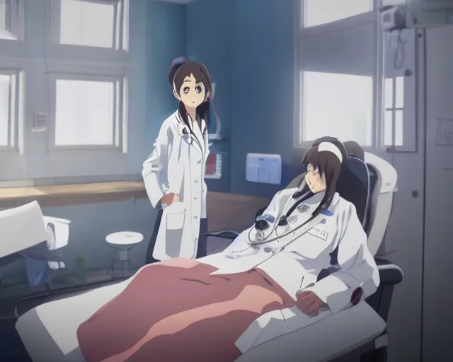 Image similar to a cute young female doctor wearing white coat are talking to a patient in a clinic room, slice of life anime, lighting, anime scenery by Makoto shinkai
