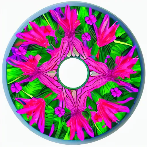 Image similar to a blank cd, reflecting tropical flowers