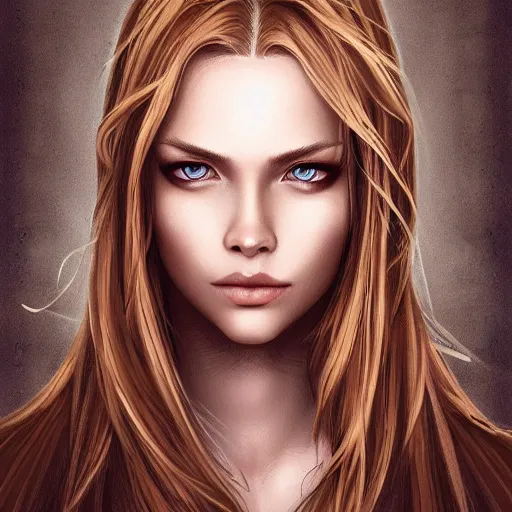 Image similar to portrait, 30 years old women :: fantasy :: amber eyes, long straight darkblond hair :: attractive, symmetric face :: brown medieval cloting, natural materials :: high detail, digital art, RPG, concept art, illustration