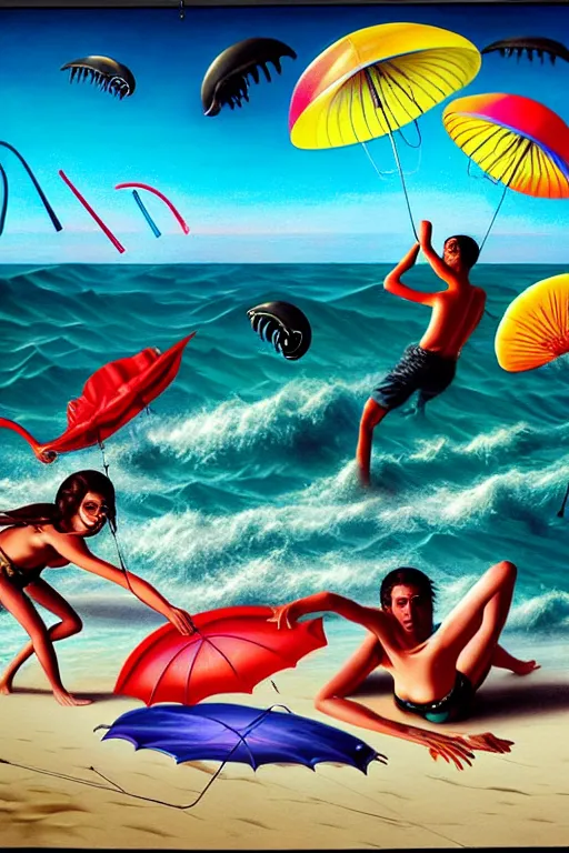 Image similar to a hyperrealistic painting of scary sea creature ambushing people laying on the beach with colorful umbrellas and kites flying in the air. cinematic horror by chris cunningham, lisa frank, richard corben, highly detailed, vivid color,