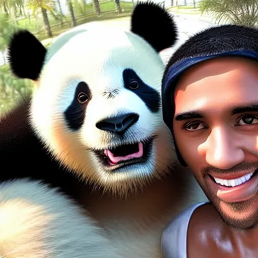 Image similar to panda and aladdin taking a selfie