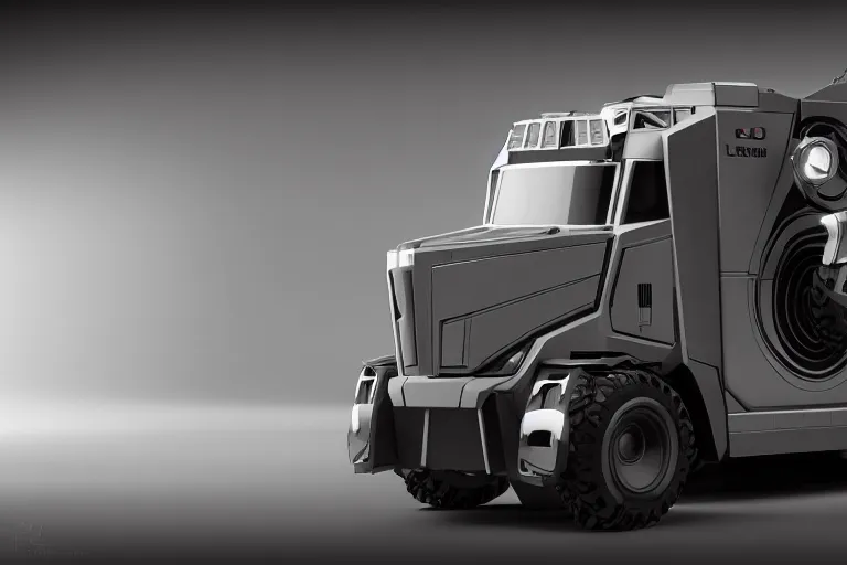 Image similar to still photo of a futuristic remote control truck, highly detailed, photorealistic portrait, bright studio setting, studio lighting, crisp quality and light reflections, unreal engine 5 quality render