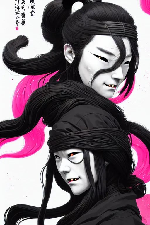 Prompt: highly detailed portrait of long ponytail black hair ninja mask female, stray wiring by atey ghailan, james gilleard, by joe fenton, by greg rutkowski, by greg tocchini, by kaethe butcher, 4 k resolution, gradient red, magenta, black and white color scheme!!! ( ( snowy ancient japan village and tokyo tower background ) )