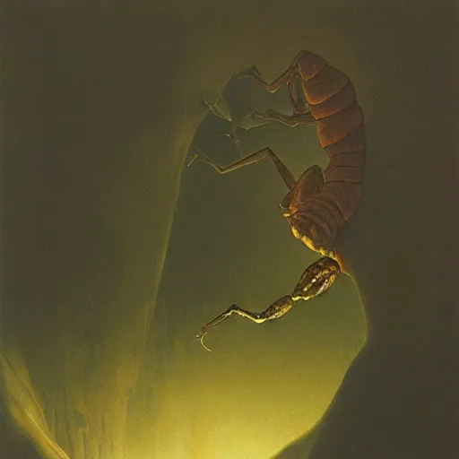 Prompt: scorpion in cave, Crystal, dark by zdzisław beksiński