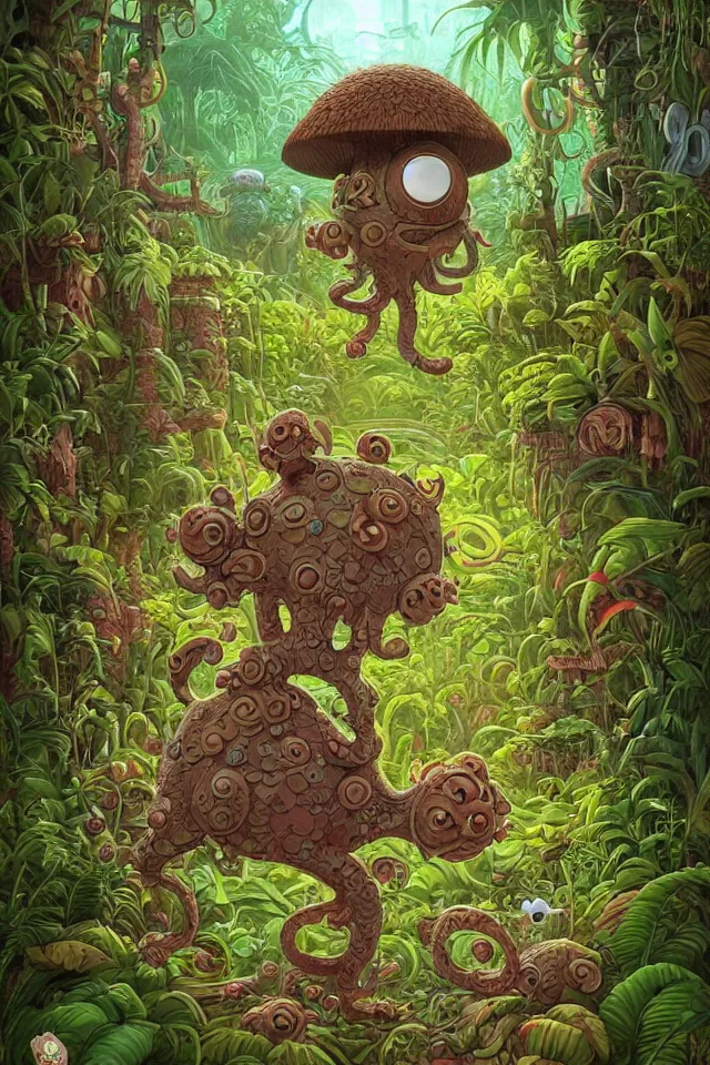 Image similar to an intricate cute monster, taking a walk, lush jungle, a hut in the background, by kokaris, naoto hattori, moebius and android jones