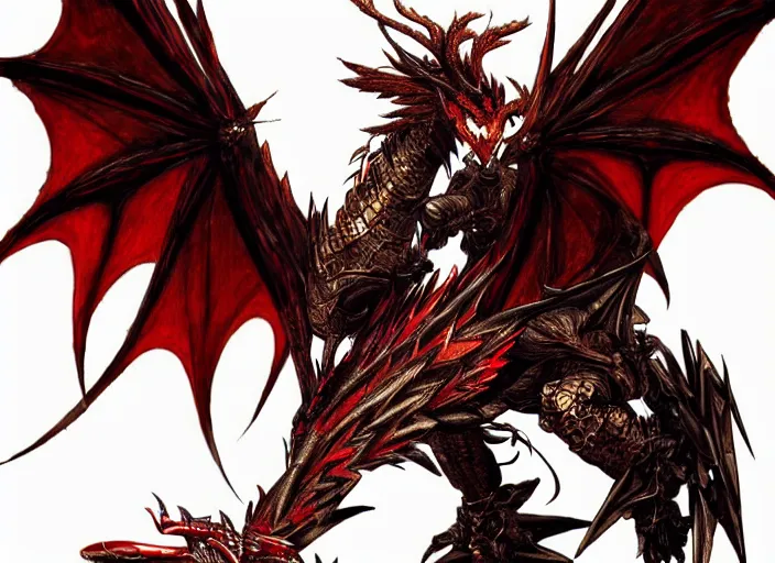 Image similar to Majestic winged dragon with ornate red and gold scales. In style of Yoji Shinkawa and Hyung-tae Kim, trending on ArtStation, dark fantasy, great composition, concept art, highly detailed.