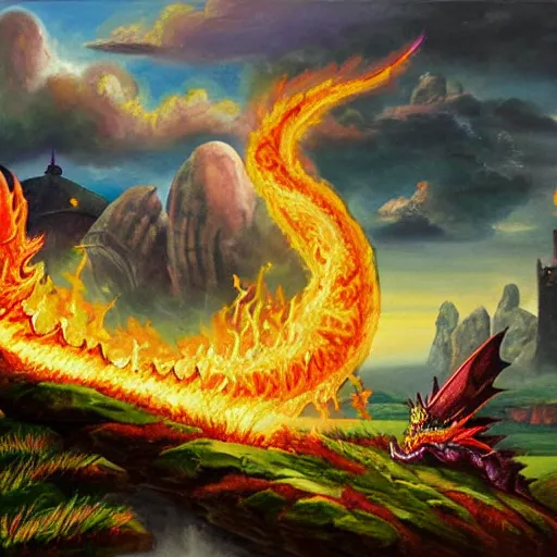 Prompt: oil painting of epic battle between ancient bearded wizard and flaming purple dragon, rolling hills, crumbling castle