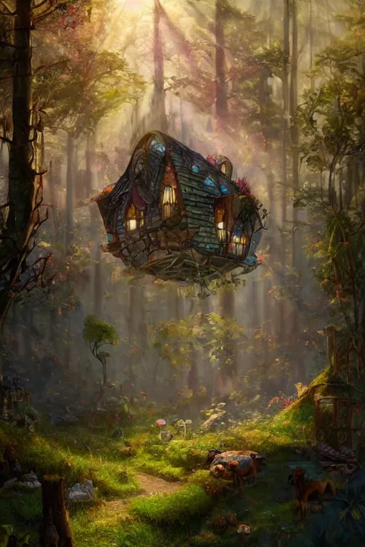 Image similar to a cheerful and whimsical ramshackle multistory hut in the woods, intricate, elegant, fantasy, highly detailed, digital painting, concept art, sharp focus, illustration, beautiful volumetric lighting, beams of light, epic light, artstation, magic hour lighting, colorful, sunshine, spring, art by Bill Watterson