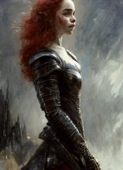 Prompt: mischievous redhead emilia clarke wearing full body dark black medieval armour, detailed, by gaston bussiere, bayard wu, greg rutkowski, giger, maxim verehin, greg rutkowski, masterpiece, sharp focus, cinematic lightning