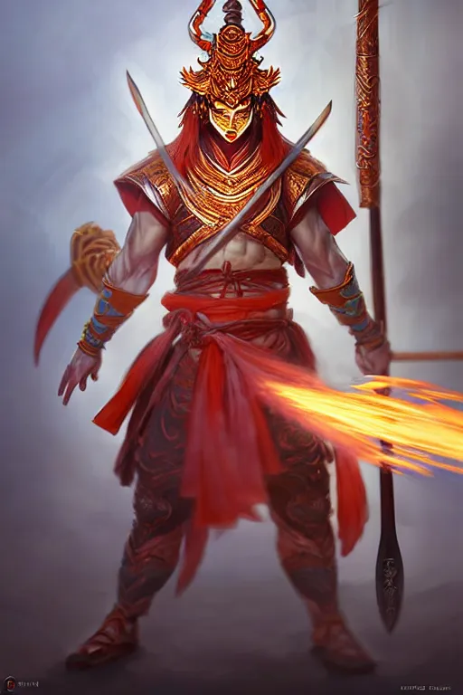 Image similar to cute nezha, highly detailed, man holding spear, flame everywhere, epic pose, masterpiece chinese fantasy character portrait, highly detailed, digital painting, trending on artstation, concept art, sharp focus, illustration, global illumination, ray tracing, realistic shaded, art by artgerm and greg rutkowski and fenghua zhong and brian sum and raymond swanland