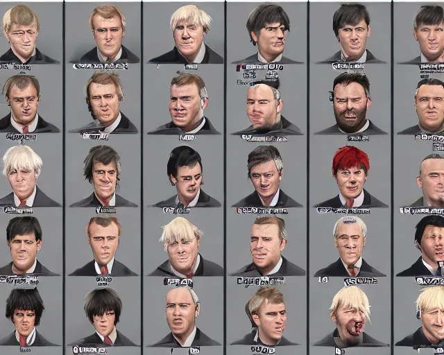 Image similar to boris johnson in 1 0 0 different styles, character art sheet, by various concept artists, redshift render, hyperrealistic face, photorealistic render