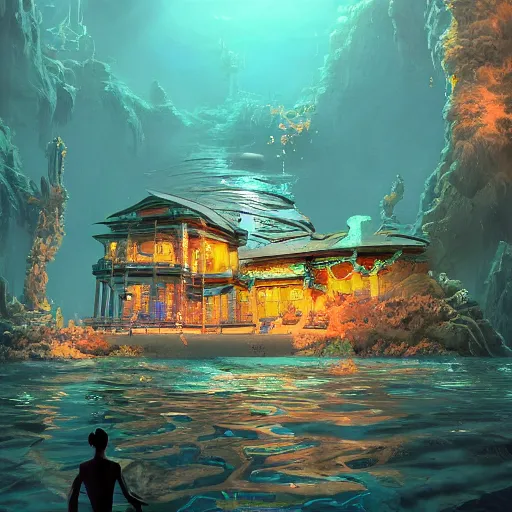 Prompt: underwater spy mansion, grand obsessive compendium. intricate artwork, by tooth wu, wlop, beeple, dan mumford. concept art, octane render, trending on artstation, greg rutkowski very coherent symmetrical artwork. cinematic, key art, hyper realism, high detail, octane render, 8 k, iridescent accents