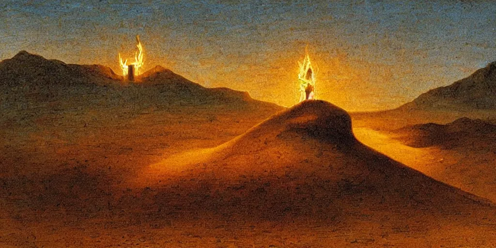 Prompt: A burning cross in the middle of the desert drawn by Caspar David Friedrich, dune, highly detailed