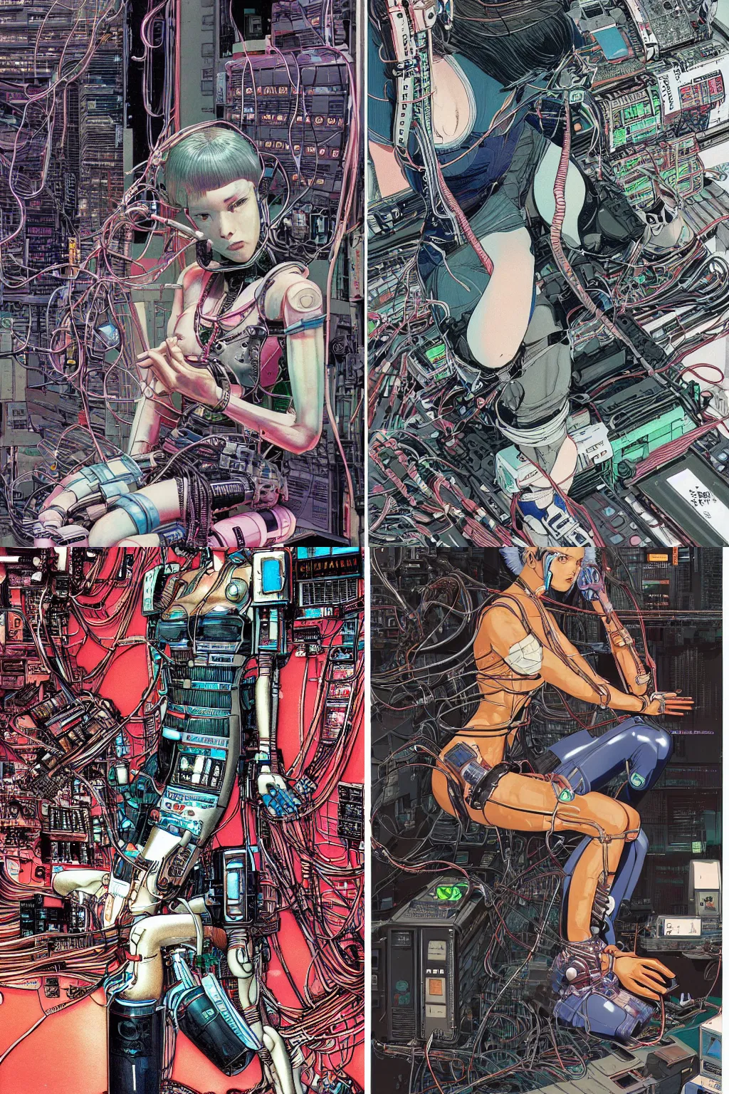Prompt: an hyper-detailed cyberpunk illustration of a female android seated on the floor in a tech labor, seen from the side with her body open showing cables and wires coming out, by masamune shirow, and katsuhiro otomo,. japan, 1980s, centered, colorful