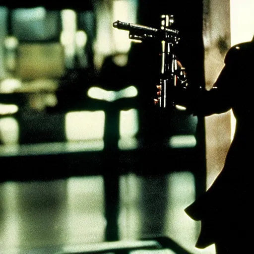Image similar to movie scene from the matrix, trinity played by marilyn monroe, wearing all black vinyl, holding two guns, film still by the wachowskis