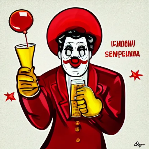 Prompt: communist clown drinking champagne, soviet propaganda, vivid colors, poster art style, detailed image, saturated colors, dominating red, detailer portrait, male face, very happy