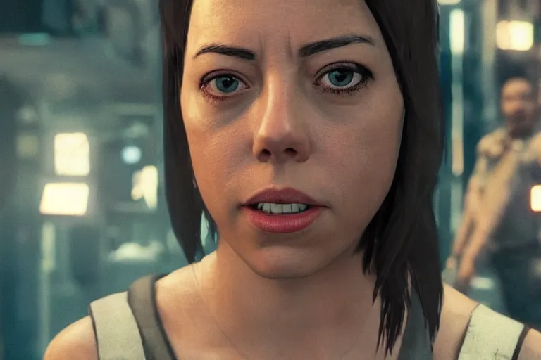 Prompt: a gaming screenshot portrait still of aubrey plaza in resident evil, moebius, greg rutkowski, zabrocki, karlkka, jayison devadas, phuoc quan, trending on artstation, 8 k, ultra wide angle, video game graphics, blue technology sci - fi atmosphere realistic, 3 d game, zenith view, cyberpunk pincushion lens effect