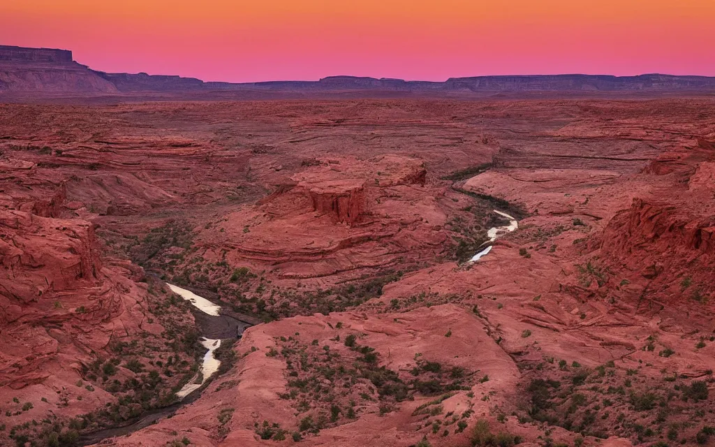 Image similar to “a dried up river bend running through a canyon surrounded by desert mountains at sunset, moab, utah, a tilt shift photo by Frederic Church, trending on unsplash, hudson river school, national geographic photo”