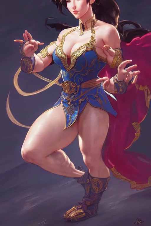 Image similar to beautiful chun li, full body shot, d & d, fantasy, intricate, elegant, highly detailed, digital painting, artstation, concept art, matte, sharp focus, illustration, hearthstone, art by artgerm and greg rutkowski and alphonse mucha