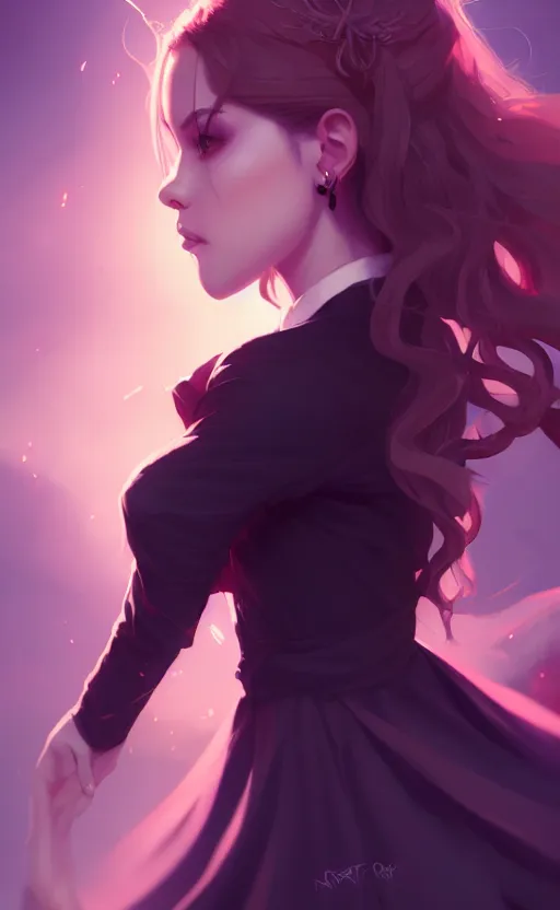 Image similar to portrait of a beautiful woman, dark magic school student uniform, flowy hair, cinematic lighting, highly detailed, digital painting, trending on artstation, pixiv, concept art, sharp focus, illustration, art by ross tran and wlop