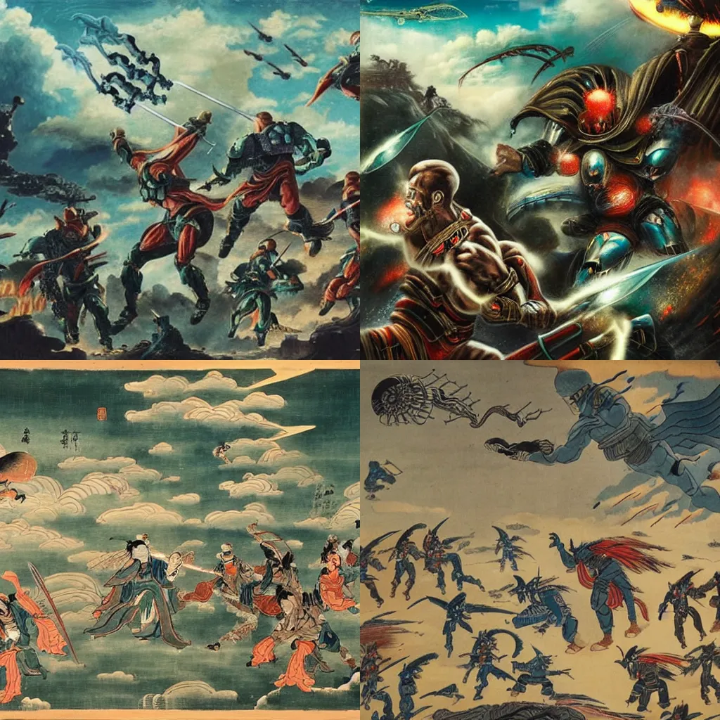 Prompt: the immortals fight against aliens under the huge sky, chinese art style