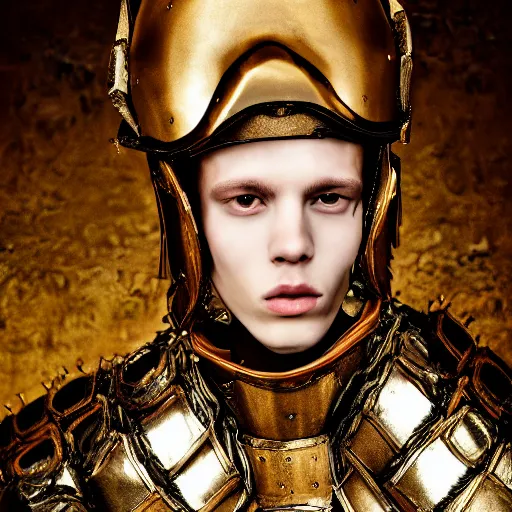 Prompt: a portrait of a beautiful young male wearing an alexander mcqueen armor made of petroleum , photographed by andrew thomas huang, artistic