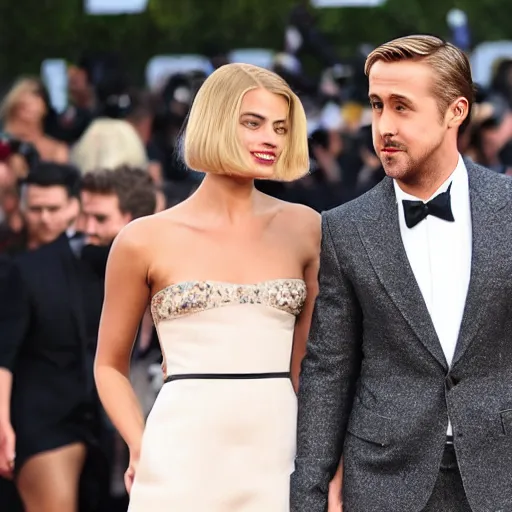 Image similar to still of ryan gosling and margot robbie, walking on eva mendes face