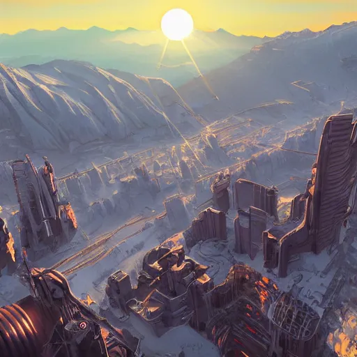 Image similar to beautiful sunset over detailed cyberpunk suburb in a valley surrounded by epic mountains with snowtops, sharp, highly detailed, hyperrealistic, kacper niepokolczycki, syd mead, 4 k, perfect geometry