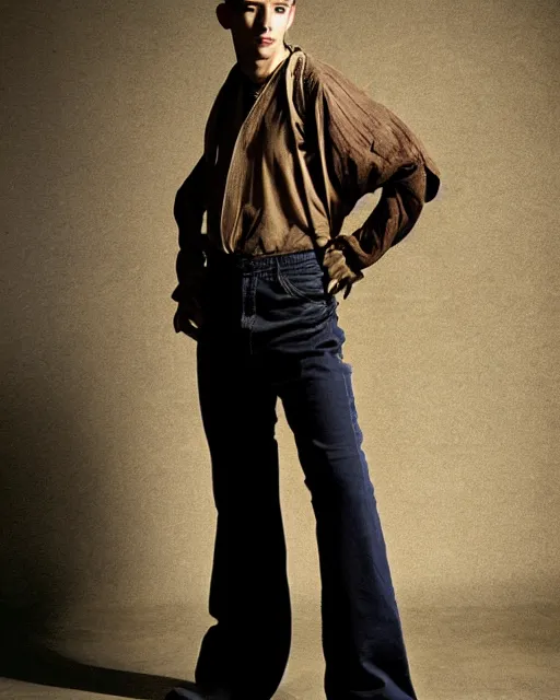 Prompt: an award - winning photo of a spiritual male model wearing a boot cut flared distressed medieval designer menswear trousers designed by kapital, 4 k, studio lighting, wide angle lens, 2 0 0 4