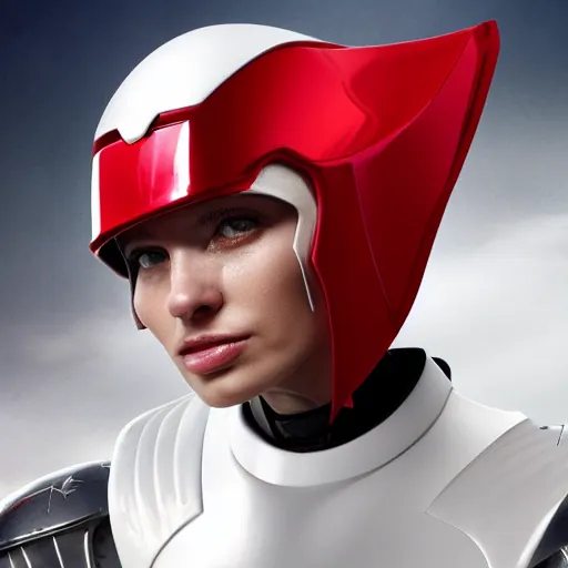 Image similar to headshot of a beautiful female soldier, no makeup, in glossy sleek white armor and a long red cape, head tilted upwards, determined expression, no helmet, on the surface of mars, cinematic, sci-fi, hyperrealistic, detailed