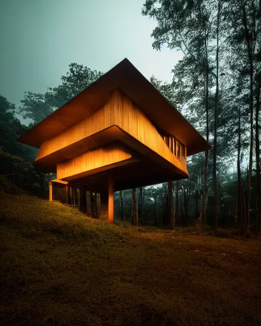 Image similar to an exquisite wooden house in the middle of a lush forest at night, minimalist design, architectural photography, dark and dim lighting, beautiful, tranquil, moody, cinematic, fantasy, 3 5 mm lens, volumetric lighting, first person view, photographic render, hyper realistic