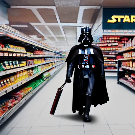 Image similar to A still of a Darth Vader shopping for groceries, 4k, 35mm, photograph, photoreal, ultra realistic, highly detailed, professional lighting