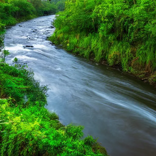 Prompt: a beautiful landscape, river, lush vegetation, 8K, photo