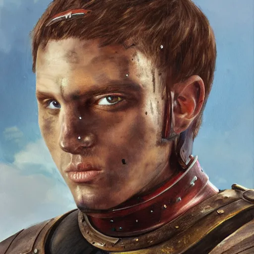 Image similar to realistic painting character portrait young scarred captain knight with a steel breastplate, short brown hair and stubble. straight nose, brown eyes, lean face and build. fighting with a longsword, no helmet. hyper detailed