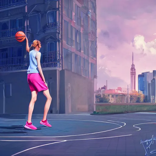 Image similar to tall woman wearing a blue jacket and pink shorts playing basketball, complete detailed body, city in background, moody atmosphere, digital art, highly detailed, high contrast, beautiful lighting, award winning, trending on art station, photorealistic, 8 k,