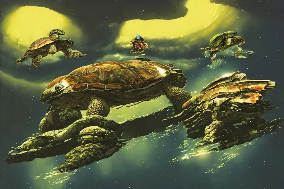 Image similar to an epic chris foss painting of a turtle spaceship orbiting an alien planet