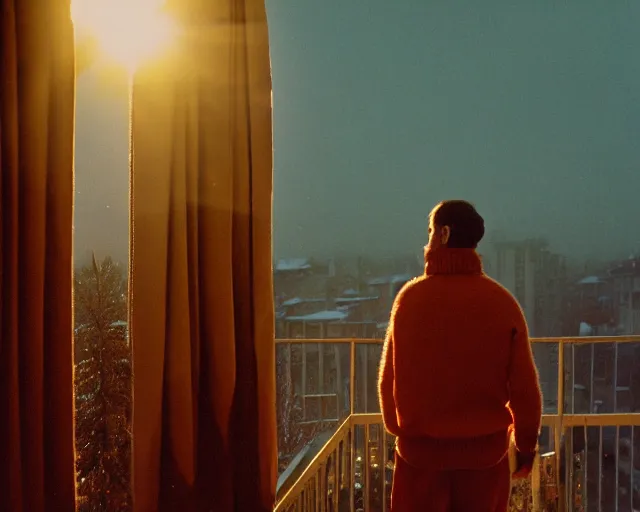 Prompt: lomographic film still photo of 4 0 years russian man with beard and sweater standing on small hrushevka 9 th floor balcony full with cigarette smoke in winter taiga looking at sunset, cinestill, bokeh